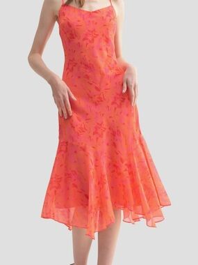 All‎ in Favor size Large Coral Pink Side zip Dress Asymmetric Handkerchief Hem